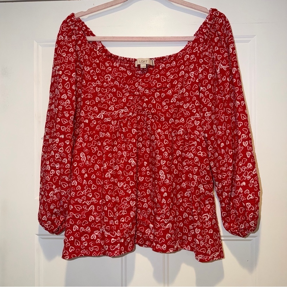 LOFT Red Blouse with White Heart Print